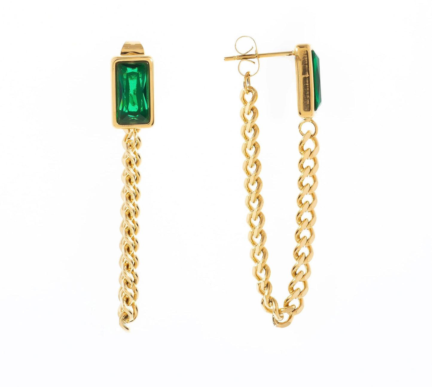 Baguette Gemstone Chain Stud Earrings