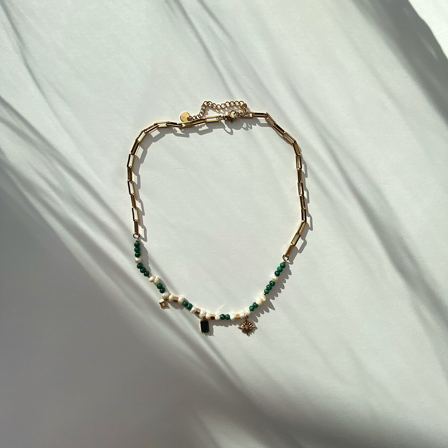 Pearl and Malachite Beaded Necklace with Emerald and Sun Pendants