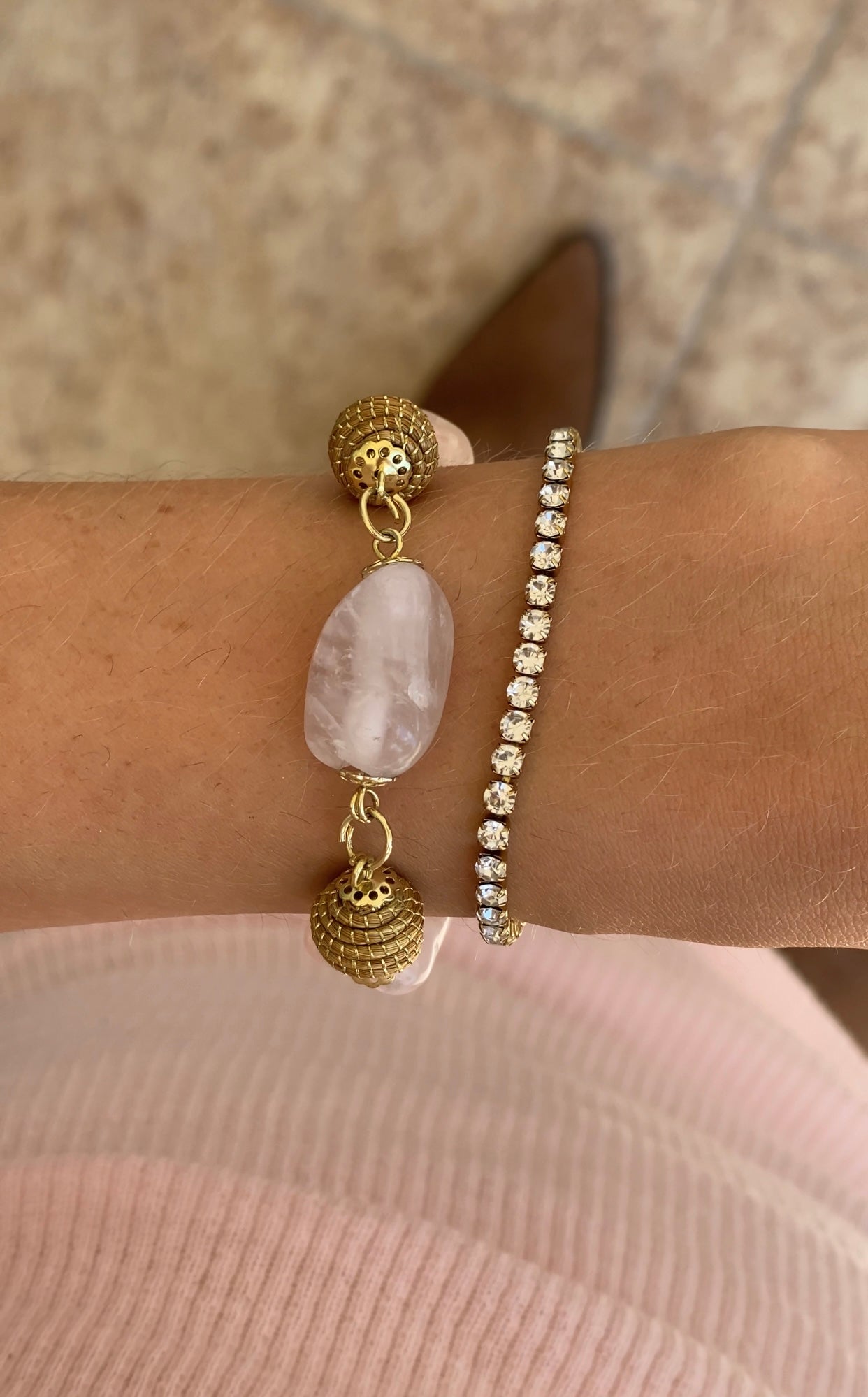 Golden Grass Rose Quartz Chain Bracelet