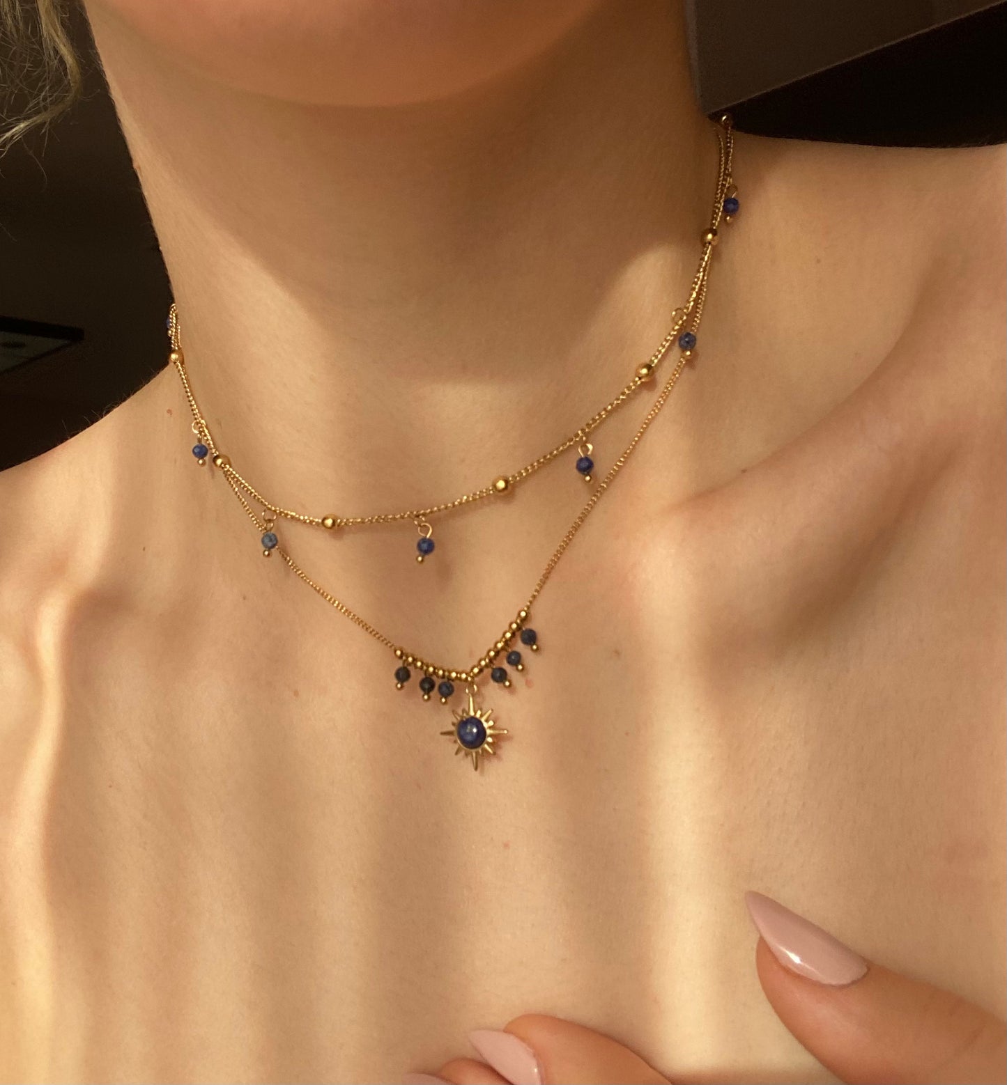 Sodalite Scatter Fine Chain Beads Station Necklace