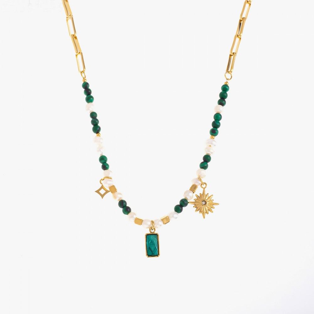 Pearl and Malachite Beaded Necklace with Emerald and Sun Pendants