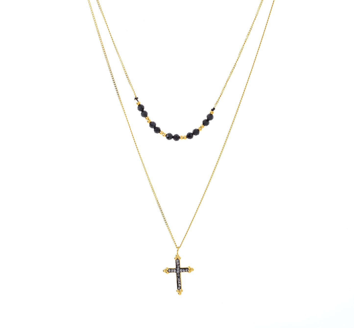 Beaded Pave Cross Double Chain Necklace